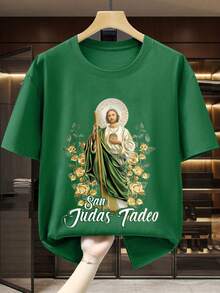 Men's Religious T-shirt|Golden Embossed  Tadeo Saint Portrait|Official Licensed Catholic Apparel|100% Cotton|Unisex Devotional Wear| Gift for Faith Followers - Verde - Ver 3