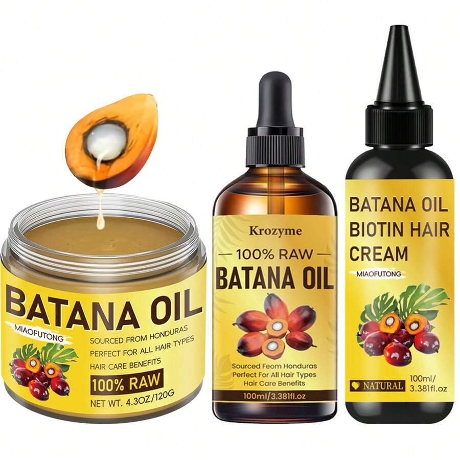 三件套：香蕉油+生物素乳霜+护发油，蕴含生物素和胶原蛋白精华，专业级防断裂和分叉修复，搭配使用效果更佳，可使头发更长、更浓密、更丰盈，适合所有发质和人群。
