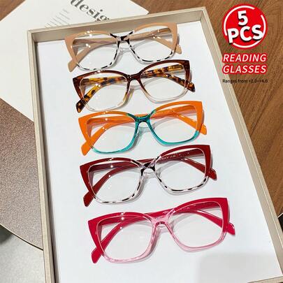 5 Pairs Women's Cat-Eye Reading Glasses, Y2K Fashion Reading Glasses, Dopamine Color Matching, Classic Solid Colors And Unique Leopard Print Patterns, Suitable For All Seasons. Stylish Computer Reading Glasses With Clear Magnification Of +1.0 To +4.0 Degrees, Easily Adapt To Daily Casual And Formal Occasions, And Long-Term Wear Does Not Cause Pressure. They Are Ideal For Reading, Office, And Other Scenes. Add A Touch Of Color To Your Autumn And Winter Outfits.