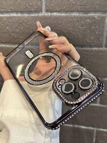 2025 奢华水钻镶嵌手机壳，兼容 17 Air 16 15 14 13 12 11 Pro Max Plus，磁吸式透明镜头保护 - 黑色 - 查看 3