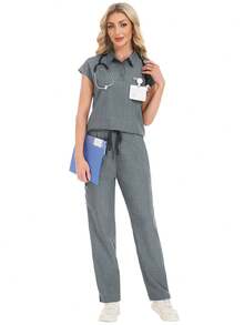 2pcs Women's Collared Multi-Pocket Top And Pants Scrubs Uniform Set, Nurse Scrubs Workwear For Dentist, Healthcare, Laboratory Spring Fall - Grey - View 4