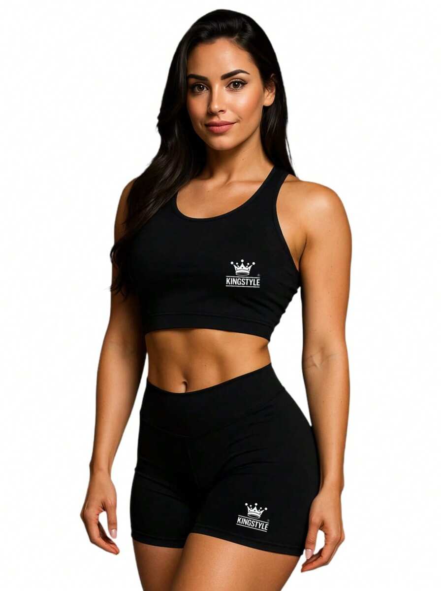 Women's Fitness Sets Top And Shorts Gym Clothing Swimmer Women's Fashion For The Gym - 黑色 - 查看 1