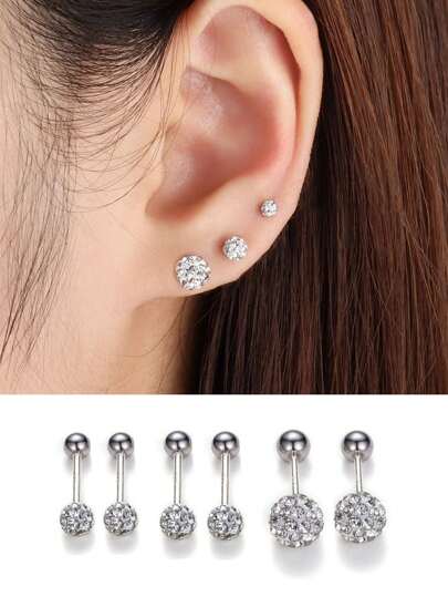 3 对/6 件女士精致全方晶锆石杠铃耳环套装，女孩闪亮软陶瓷不锈钢球耳钉适用于耳轮软骨耳轮耳屏可进行多处穿孔礼物珠宝