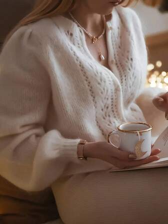 Damkofta i parisisk design med öppen mönstrad stickning - Mohairblandad spets, rund halsringning med lyktaärm för höstens lager-på-lager-klädsel och festkläder | Lätt bohemisk överdragsklänning