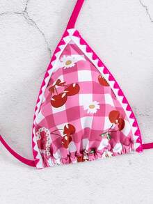 新款夏季女式系带蕾丝花齿可爱樱桃印花性感度假比基尼套装 - 彩色 - 查看 4