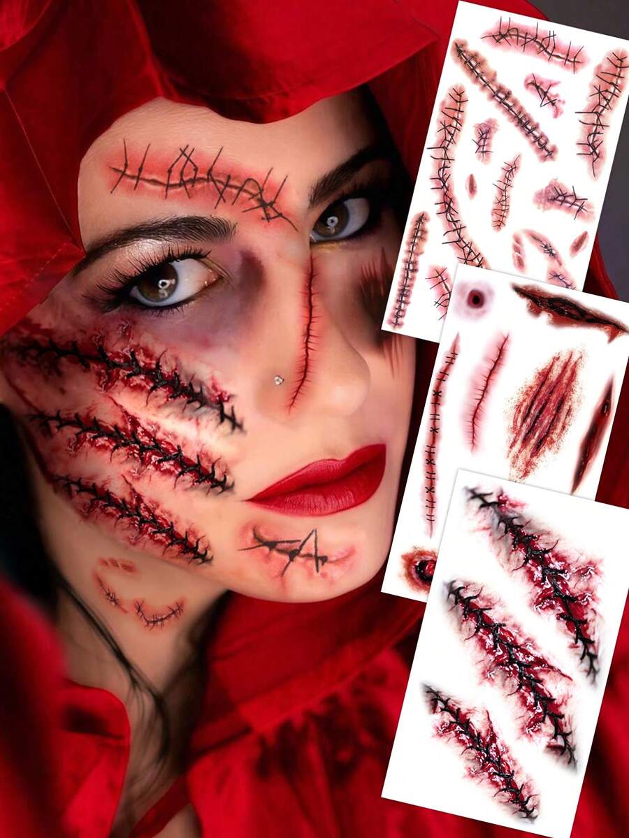3 أنماط ملصقات وشم مؤقتة لندبات الزومبي في عيد الهالوين، جرح دموي واقعي وندبة غرزة، مقاوم للماء، مناسب للجسم والوجه وحفلات التنكر والمزيد - الأحمر - مشاهدة 1