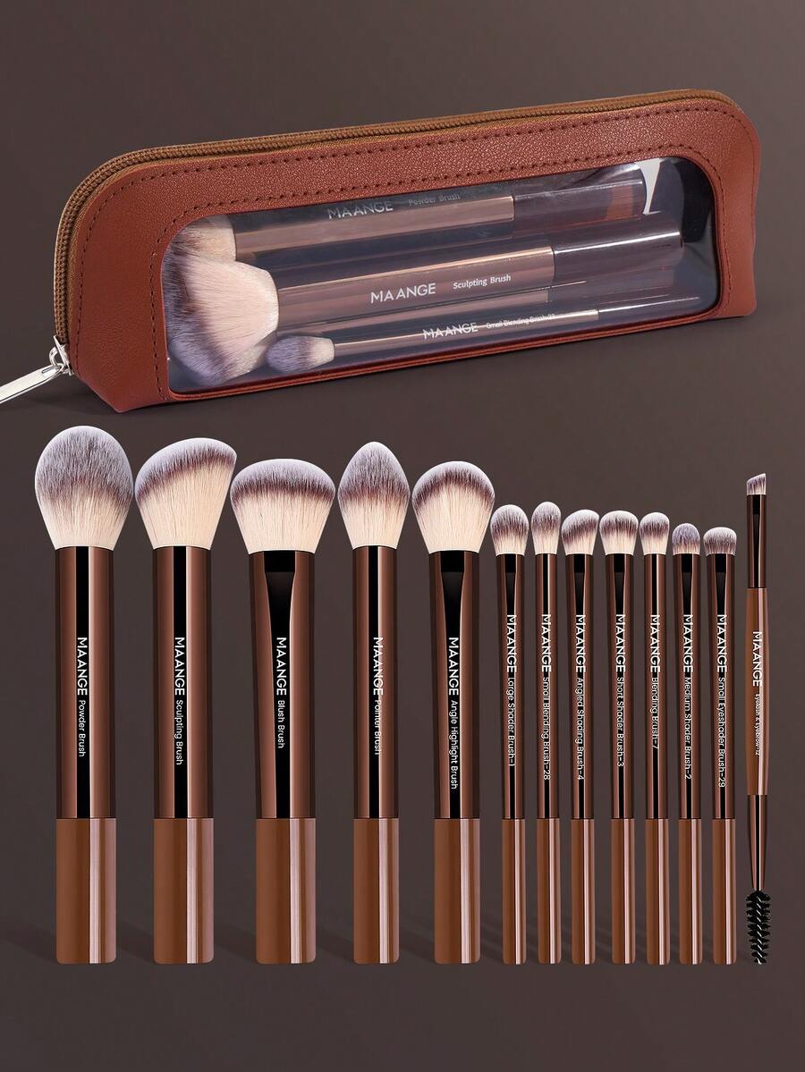 MAANGE 13/14/15/17pcs Soft To Touch Portable Travel Makeup Brush Set Foundation Brush Powder Brush Blush Brush Concealer Brush Contour Brush Nose Contour Brush Highlighter Brush Eyeshadow Brush Eyebrow Brush Eyeliner Brush Face Brush Detail Brush With Storage Bag Professional Effective Application Cosmetic Brush At Home Or On-The-Go For Liquid, Cream, And Powder - Buffing, Blending, And Face Brush Gift For Women & Girl - Coffee Brown - View 1