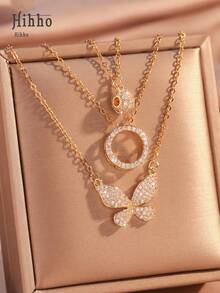 Hihho Bộ 3 dây chuyền thép không gỉ thời trang và thanh lịch, đính đá Cubic Zirconia lấp lánh, thiết kế hình cầu và bướm 3D, quà tặng trang sức sang trọng sáng tạo cá nhân hóa dành cho phụ nữ - Vàng - Xem 4