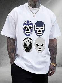 Men's Lucha Libre T-shirt|4-Color Mexican Wrestler Mask Print|Authentic Wrestling Fan Apparel|100% Cotton|Unisex Fit|Must-Have Gift for MMA And WWE Enthusiasts - Blanco - Ver 1