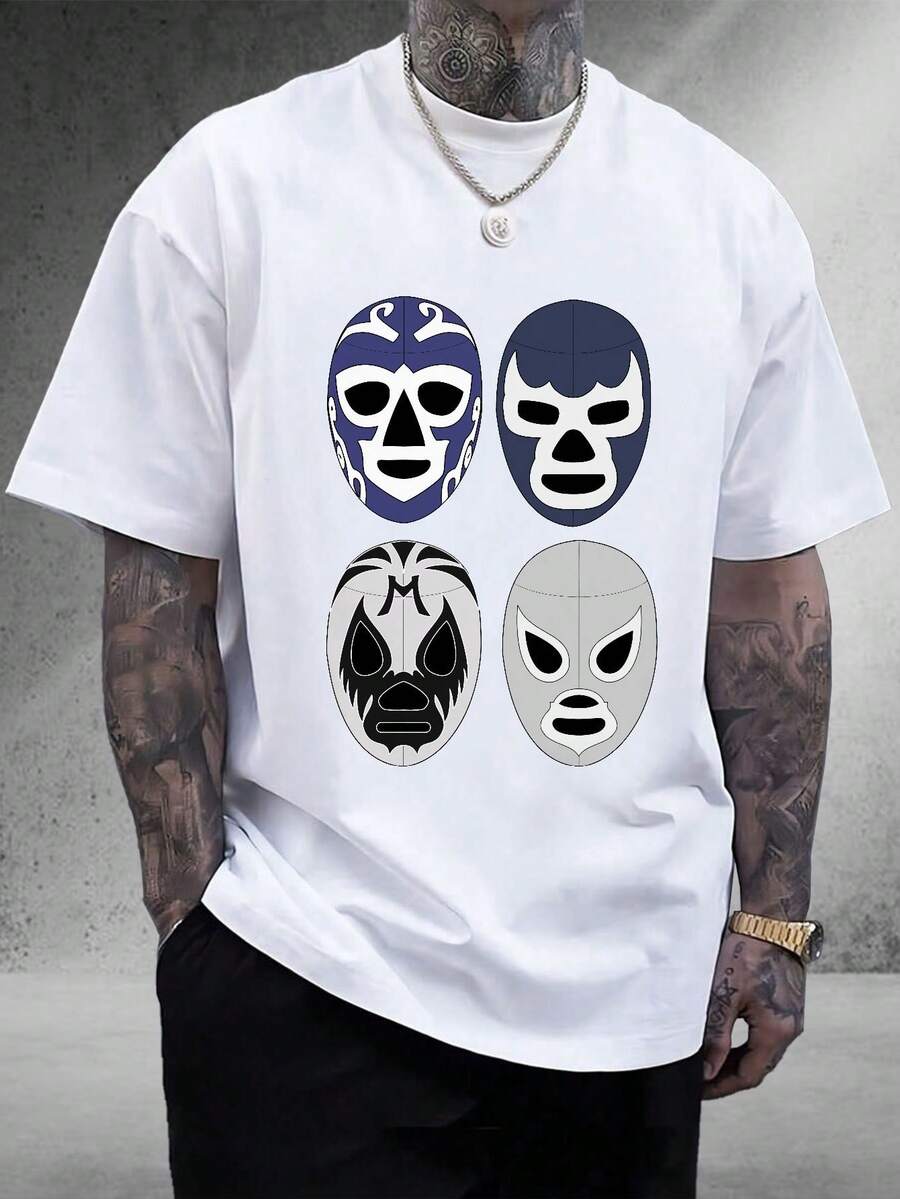 Men's Lucha Libre T-shirt|4-Color Mexican Wrestler Mask Print|Authentic Wrestling Fan Apparel|100% Cotton|Unisex Fit|Must-Have Gift for MMA And WWE Enthusiasts - Blanco - Ver 1