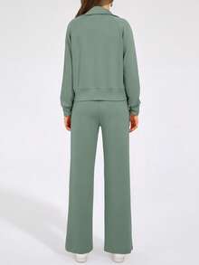 Women's 2 Piece Outfits Casual Lapel Half Zip Sweatshirts And Wide Leg Pants Tracksuit Sets - xám xanh - Xem 2