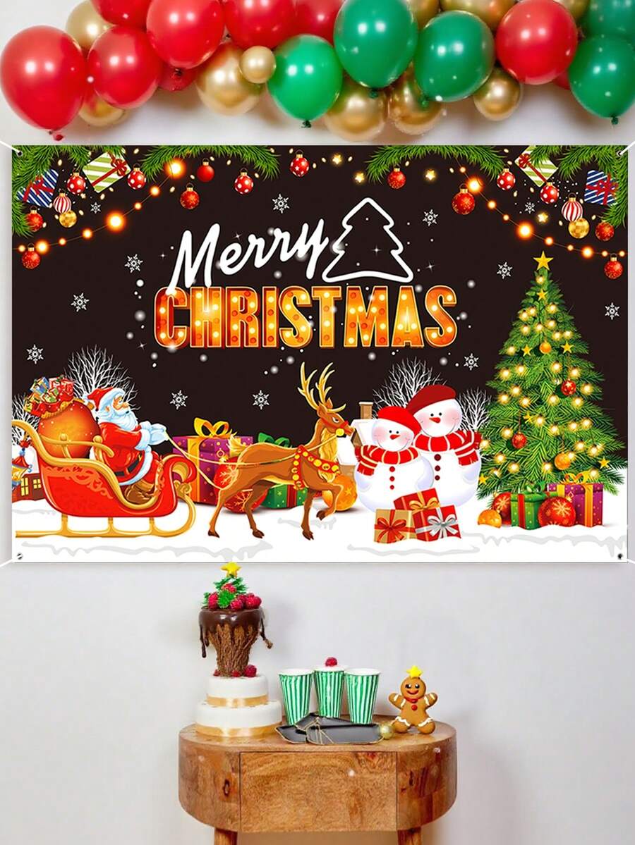 1pc Christmas Decoration Backdrop Fabric, Santa Claus& Snowman& Christmas Tree Pattern Banner, Merry Christmas Party Backdrop Decoration, Christmas Photography Props, Christmas Garage Door Decorations, Patio Decorations, Christmas Living Room Wall Decoration Hanging Fabric, Room Decorations, Home Decor, 2026 New Year Decor, Christmas Hanging Decor, Xmas Gifts