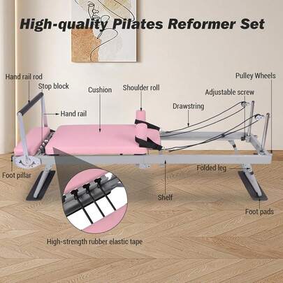 Pilates Reformer, macchina e attrezzatura Pilates pieghevole per uso domestico e allenamento fitness, adatta per principianti ed esperti, capacità di carico fino a 250 libbre, rosa con cavi
