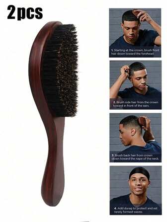 1/2支装复古纹理木质鬃毛梳，波浪形弯曲棕色木柄，防静电防脱发梳，顺滑发梳