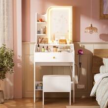 GINRGINR Vanity Desk With Lighted Mirror, Makeup Vanity Table With Lights, Drawer, Power Outlet, 3 Color Lighting Modes & Adjustable Brightness, Dressing Table For Bedroom, White, 15.4"D X 24.4"W X 59"H - Xem 1