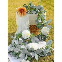 CZ Miracliy 6 Ft Eucalyptus Garland With Flowers Lambs Ear Greenery White Roses Flower Garland Fake Vines For Wedding Boho Table Mantle Backdrop Party Farmhouse Home Decor 8434 - 白玫瑰植絨 - 查看 5