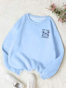 Sudadera de cuello redondo de manga larga con estampado de árbol y mar en estilo casual para niños preadolescentes, ropa de estudiante para otoño e invierno - Celeste - Ver 5