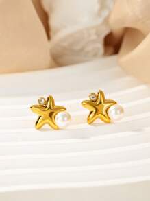 Tiny Bubble Star Stainless Steel Earrings With Artificial Pearls Cubic Zirconia, 18K Gold-Plated Anti Fading Stud Earring For Women, Wedding Vacation Jewelry Accessories, Christmas Gifts For Mom/Best Friends/Daughter