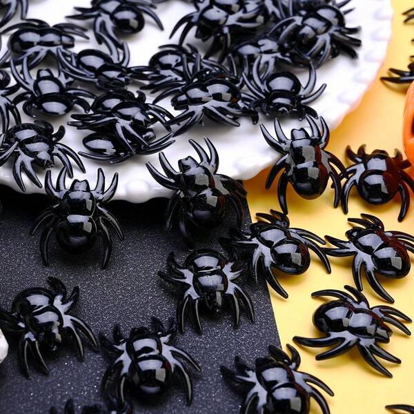 Decoraciones de araña de ABS - Perfectas para Halloween y fiestas de otoño - Ideal para dispersar en mesas y llenar jarrones, arte de uñas, cuentas negras brillantes y realistas sin agujero para hacer joyas DIY, decoración de casas embrujadas, adornos para zapatos y bolsos, manualidades navideñas y suministros para fiestas, decoraciones de Halloween