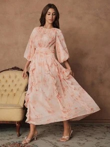 Savoree Váy voan satin tay đèn lồng họa tiết hoa màu hồng dáng chữ A, nhún bèo eo thanh lịch dành cho nữ, mùa xuân/lễ Phục sinh - Xem 5