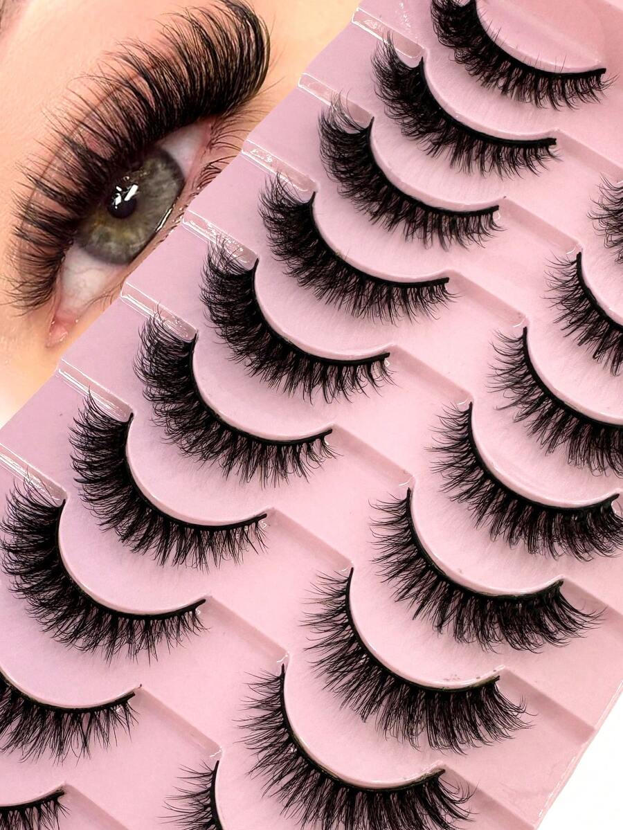 10pairs 5d Mink Fur False Eyelashes,Crossed & Voluminous Natural And Dramatic Lashes - Black - View 1