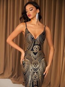 Elisanya Abito a sottoveste con scollo a V nero e oro con paillettes, adatto per feste, appuntamenti, gala, in tutte le stagioni (motivo floreale casuale sul retro, non abbinato) - nero - Visualizzare 2