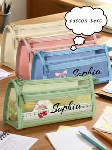1PC Personalized Name Transparent Large Capacity Pencil Case, Cute Cherry Print Pencil Cases,Stylish And Simple Pencil Bag, Customized Name Pencil Case, Large Capacity Nylon Mesh Transparent Breathable, Exam/Student Stationery Bag, Mesh Pencil Bag, Simple Student Supplies Box, School Office, Back To School Supplies, School Supplies - Multicolor - View 5