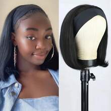 Headband Bob Wig Human Hair Glueless Short Straight Bob Wigs Human Hair For Women None Front Lace Brazilian Virgin Human Hair Wigs Natural Color - Black - View 3