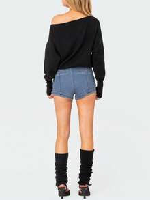 Women's Off Shoulder Sweaters Classic Long Sleeve Solid Color Knit Pullover Jumper Tops Loose Fit Tops - Black - View 5