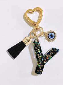 1pc Black Initial Keychain, Black Tassel Pendant, Evil Eye Fashion Keychain, Alphabet Keychain Backpack Charm, Keychain For Women And Girls, Exquisite And Small, Fashionable And Simple, Wallet And Handbag Accessories, Tassel Keychain, Alphabet Initials A-Z, Suitable For Commuting, Studying, Vacation