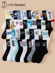 1/5/10 双随机男士百搭涂鸦字母印花休闲中筒袜，适合日常穿着，秋季 - 彩色 - 查看 1