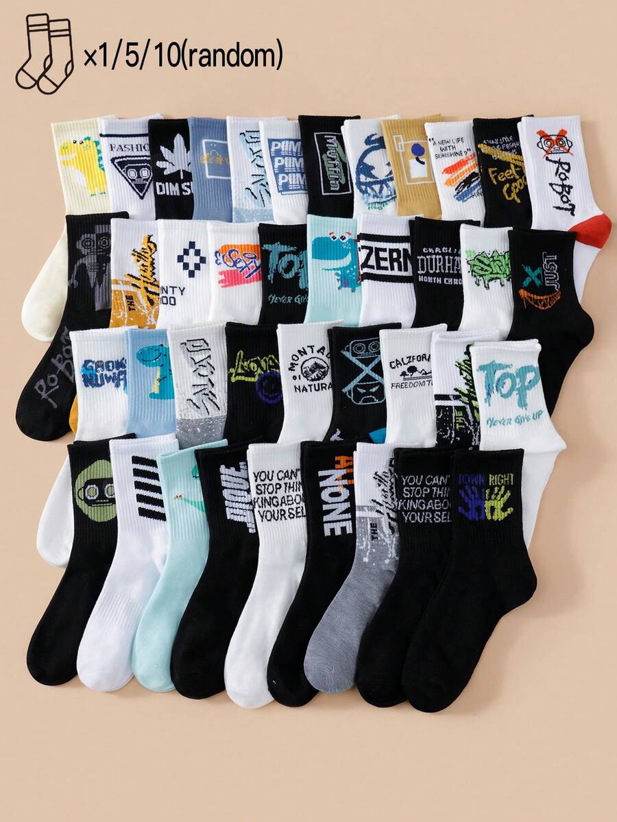 1/5/10 双随机男士百搭涂鸦字母印花休闲中筒袜，适合日常穿着，秋季 - 彩色 - 查看 1