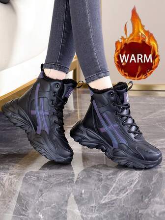 Damsnökängor, nya vinterstövlar i tjockt, plyschigt, varma och vattentätt läder, halkfria vandringsskor för utomhusbruk, klassiska snöstövlar med pälskrage till mitten av vaden, halkfria, supervarma isstövlar för utomhusbruk för kvinnor