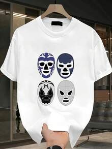 Men's Lucha Libre T-shirt|4-Color Mexican Wrestler Mask Print|Authentic Wrestling Fan Apparel|100% Cotton|Unisex Fit|Must-Have Gift for MMA And WWE Enthusiasts - Blanco - Ver 3