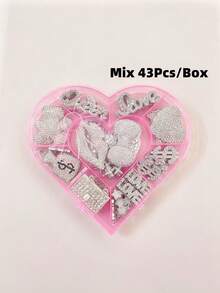 43 piezas/caja Paquete de encantos con tema Y2K plateado, bolso con monedas con strass, bolso con cadena con forma de corazón y mariposa, encantos de lujo brillantes con símbolo del dinero, estrella de cinco puntas, accesorios decorativos 3D para manualidades, clips para el cabello, al por mayor