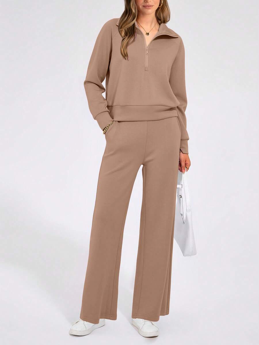 Women's 2 Piece Outfits Casual Lapel Half Zip Sweatshirts And Wide Leg Pants Tracksuit Sets - 卡其色 - 查看 1