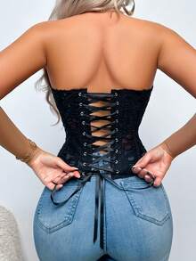 1pc Black Textured Sheer Floral Lace Corset Hollowed Out Bustier Cute Crop Top For Daily Wear/Party/Wedding - màu đen - Xem 5