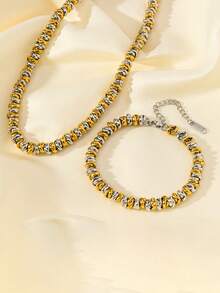 1 Bộ trang sức vòng cổ và vòng tay bằng thép không gỉ mạ vàng và bạc, thích hợp làm quà tặng - Vàng và bạc - Xem 4