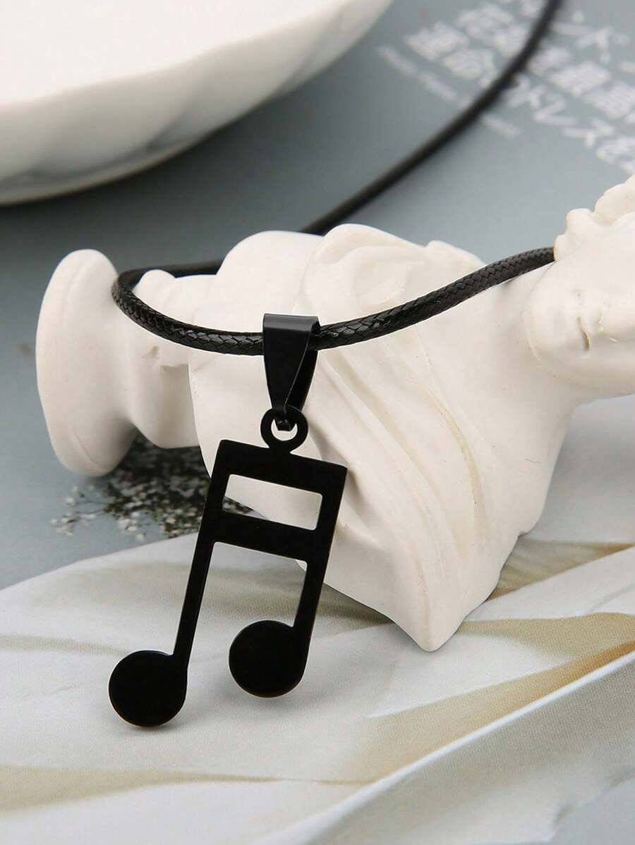 1pc Men's Music Note Pendant Necklace, Suitable For Everyday Wear - Black - View 1