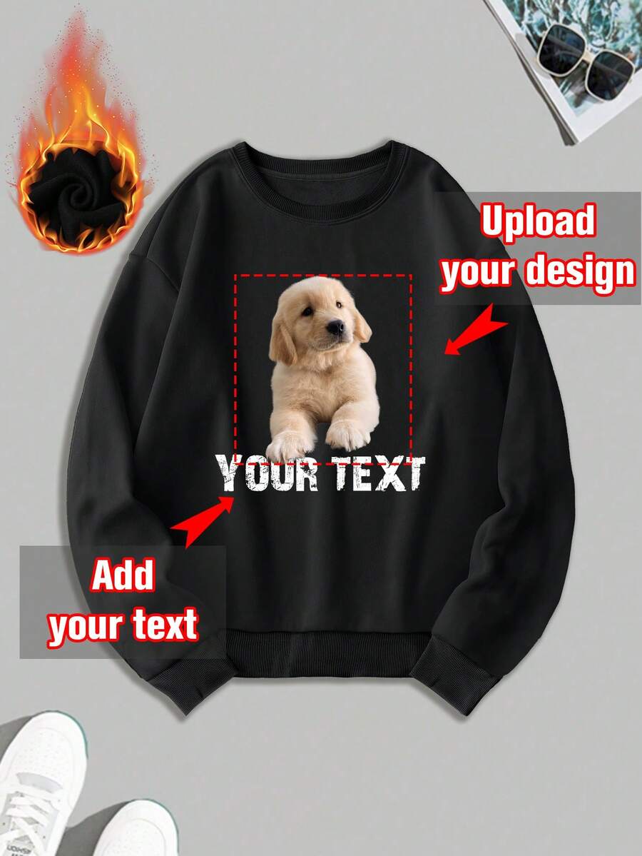 Customized Crew Neck Sweatshirt, Casual, Autumn/Winter, Custom Design With Your Own Photo/Logo/Slogan/Letter, Suitable For Couples, Pranks, Surprise Gifts, Boyfriend Style Sportswear, Basic, Streetwear, Ideal For Boyfriend, Family, Friend's Birthday, Men's Crew Neck Sweatshirt, Black Top, Holiday Gift, Valentine's Day, Birthday/Anniversary Photo Customization, Gift For Him