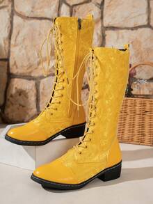 秋冬女式花卉刺绣中筒靴，时尚系带侧拉链靴，圆头粗跟舒适防滑正装靴 - 黃色 - 查看 5