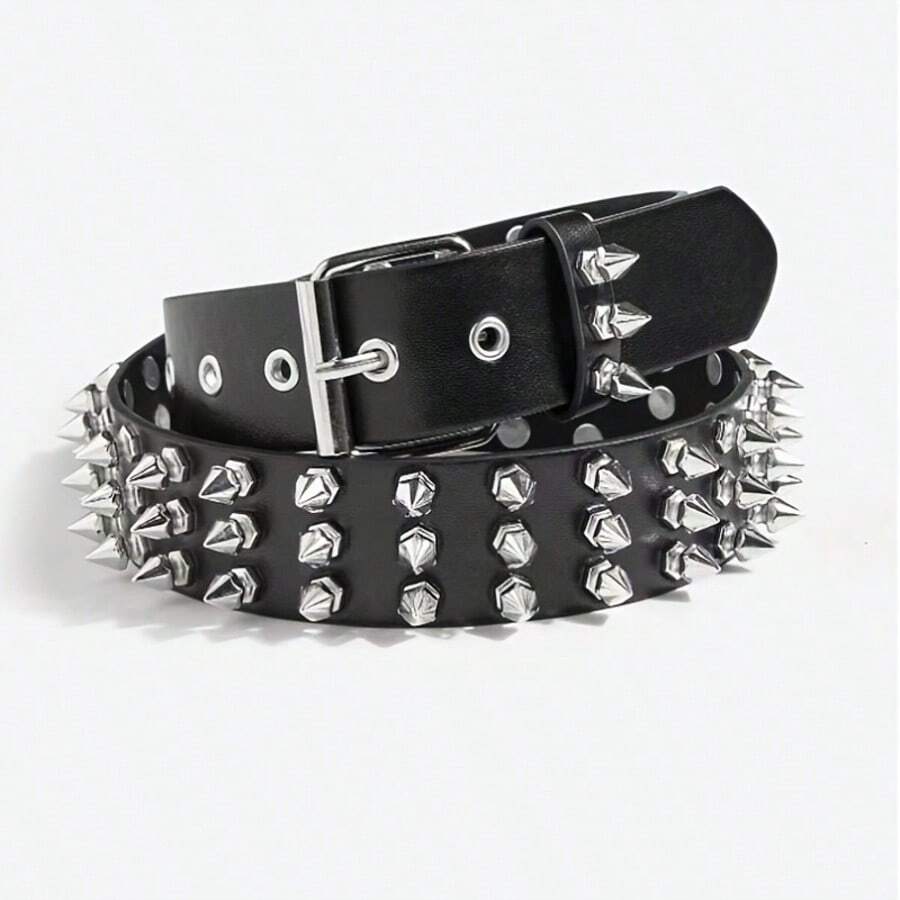 1PC Halloween Punk Studded PU Leather Belt, Versatile Alloy Handmade Heavy Metal Rivet Waist Belt - Black - View 1