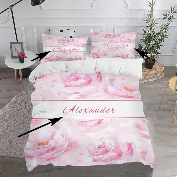 3PCS Customized Duvet Cover, Customized 1 Duvet Cover+2 Pillowcase Pink Flower Set, Or Can Also Have A Separate Pillowcase, Made Of Polyester Material With Digital Printing Suitable For Children, Families, And Parents