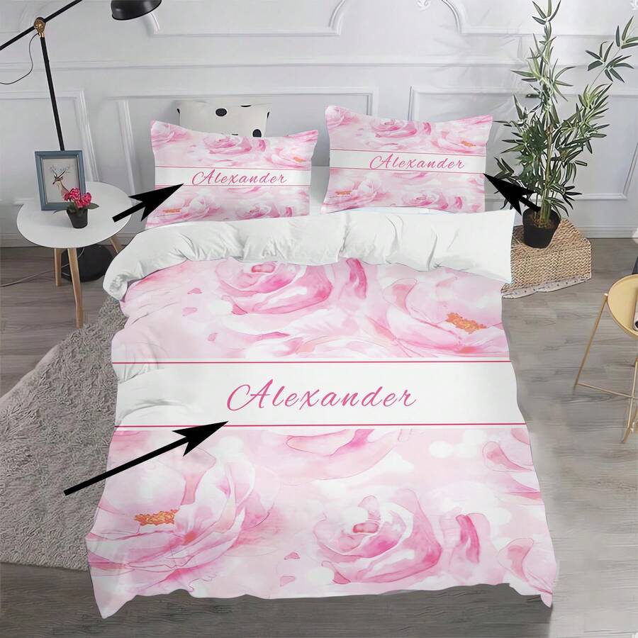 3pcs Customized Bedding Set, Pink Floral Pattern, Includes 1 Duvet Cover & 2 Pillow Shams, Can Be Purchased Separately. Made Of Polyester Fabric, Digital Printing, Suitable For Children, Families And Parents - Multicolor - View 1