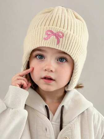 1pc Kids Beanie Hat, Autumn/Winter Thick Knitted Ear Warmer Hat For Girls, Butterfly Decor Warm Headwear, Suitable For Outdoor, Fits 3-8 Years Old