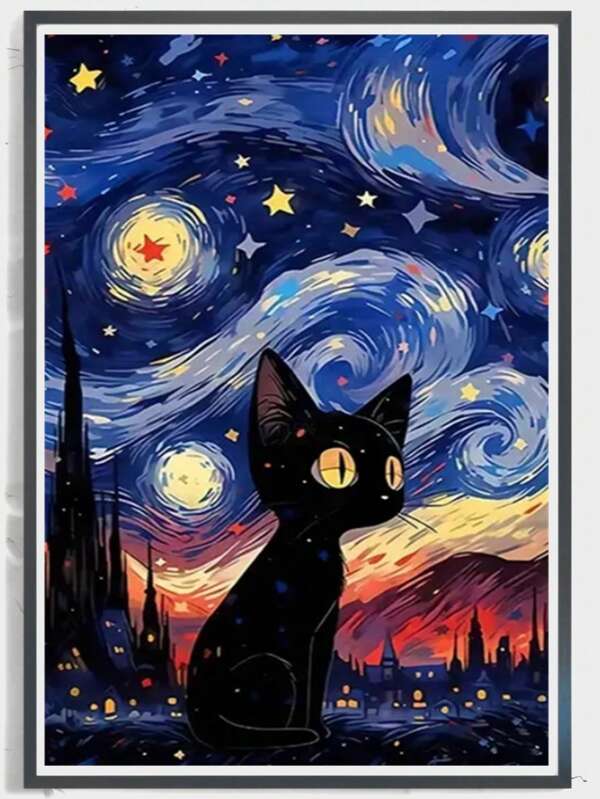 1 Set Kit de Pintura de Diamantes, Arte de Diamantes DIY, Decoración de Pared Cielo Estrellado Gato Negro Taladro Completo con Herramientas, Decoración del Hogar para Sala de Estar y Dormitorio, Regalo