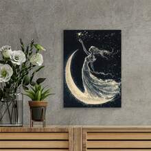 1 Pc Canvas Painting, Retro Moon Goddess Art Canvas Poster - 16x24-Inch Woodblock Oil Painting Print, New Moon And Star Design Suitable For Halloween, Anniversary, Birthday Decoration - Fringed Oil Canvas, Wooden Framed Art,High Quality ,Thickness 2. 25cm/1inch Wall Art Prints Poster Direct Hanging Decor For Home Gifts,Living Room, Bathroom, Bedroom, Kitchen,Bar,Office - 黑色 - 查看 3