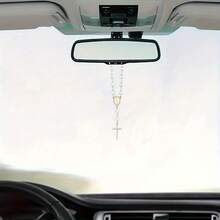 Pearl Rosary Cross Pendant Rearview Mirror Charm - Elegant Catholic Religious Rearview Mirror Decor With Glossy Beads - Fits Most Cars/SUVs - Inspirational Gift For Baptism/First Communion/Christmas (Gold/Silver) - Car Accessories, Car Decor, Car Interior Accessories, Automotive Supplies, Car Accessories - Multicolor - View 5