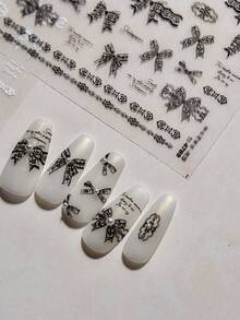 1片秋季新款白色/黑色/粉色蕾丝蝴蝶结美甲贴纸，可爱蝴蝶结美甲贴纸，白色粉色3D自粘复古精致蝴蝶结美甲设计用品，丝带蝴蝶结，女士DIY美甲装饰 - 彩色 - 查看 6