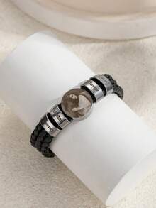 1pc Personalized Engraved Name & Photo Leather Cord Bracelet, Minimalist Black Braided Leather Cord Multi-Name Custom Bracelet With Photo, Stainless Steel Multi-Name Photo Bracelet Gift For Dad, Father's Day, Valentine's Day, Birthday, Anniversary - Multicolor - View 6